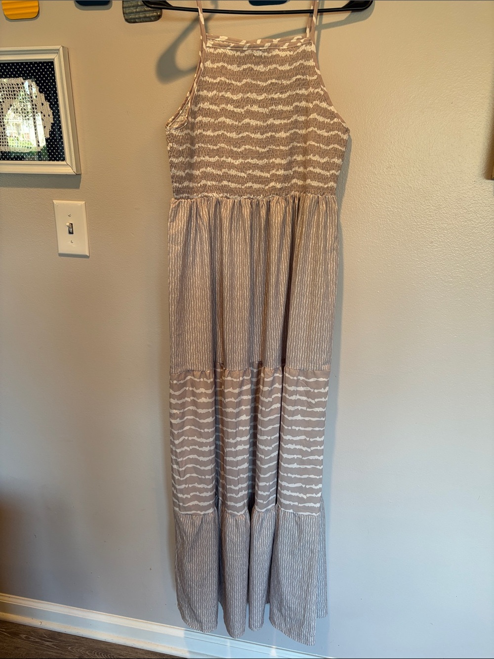Boho Striped Tiered Maxi Dress in Taupe and White - Picture 2 of 4